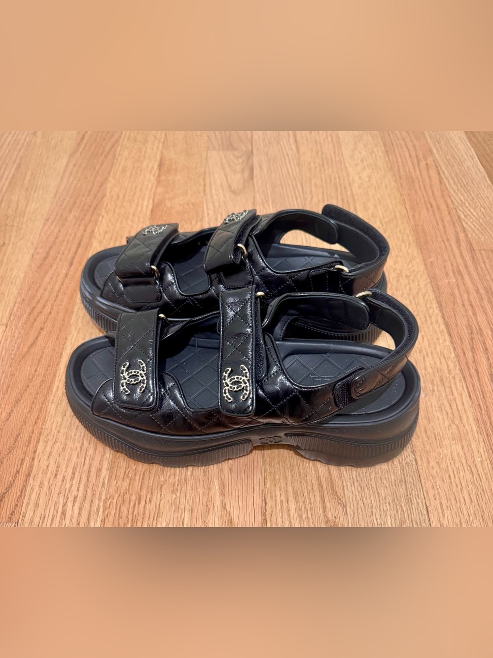 CHANEL Black Quilted Dad Logo Sandals size 38 - Picture 2 of 4